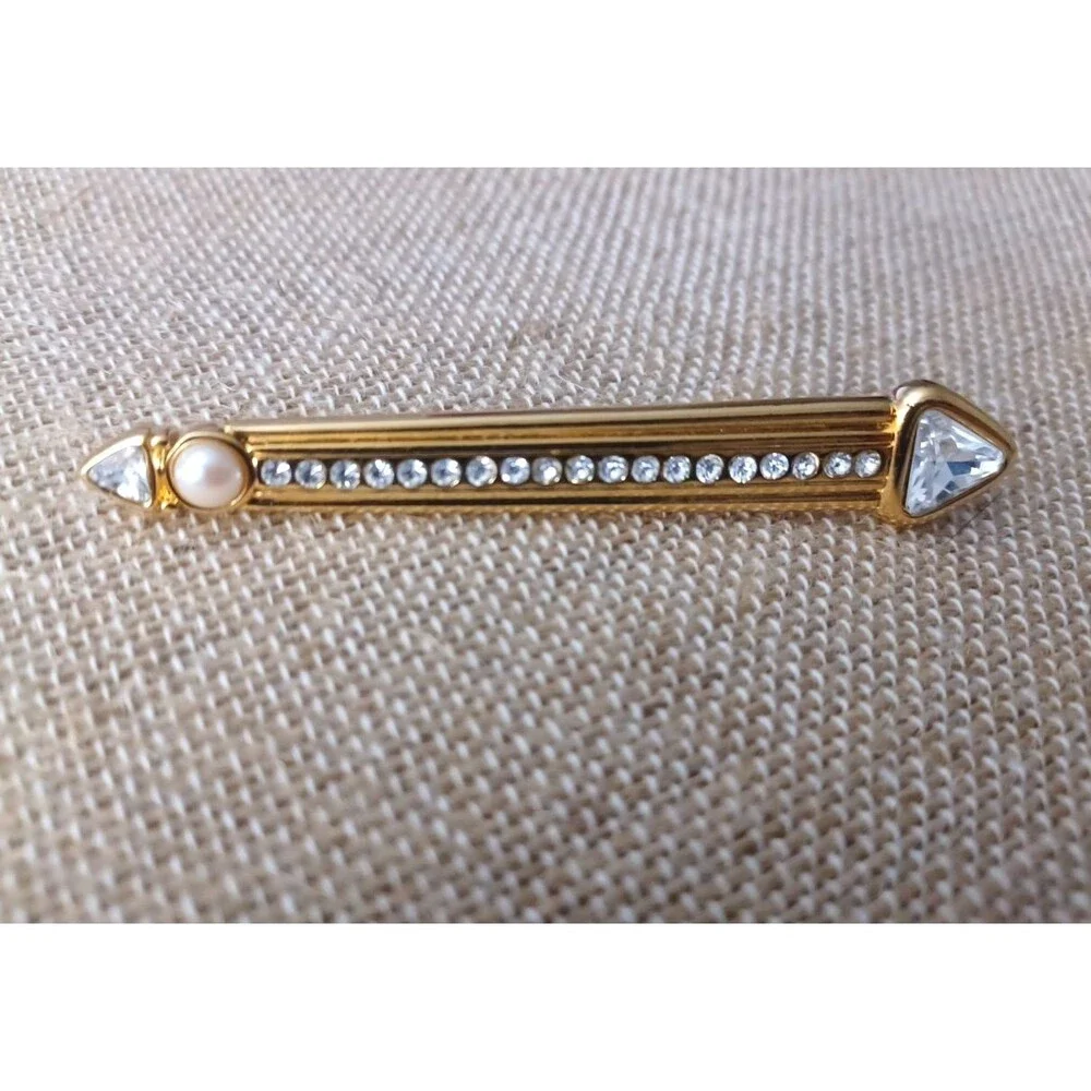 MONET Crystal Pearl Rhinestone Arrow Lapel Bar Pin Brooch